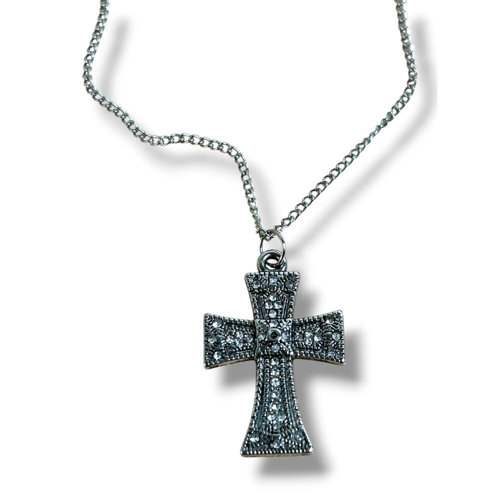 Dark Silver Ornate Cross Pendant Necklace Rhinestone Accented